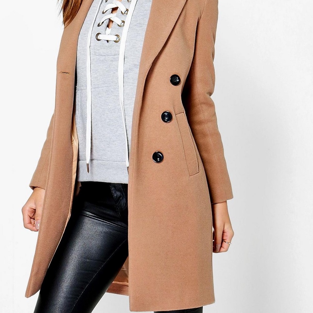 Petite double breasted camel duster coat